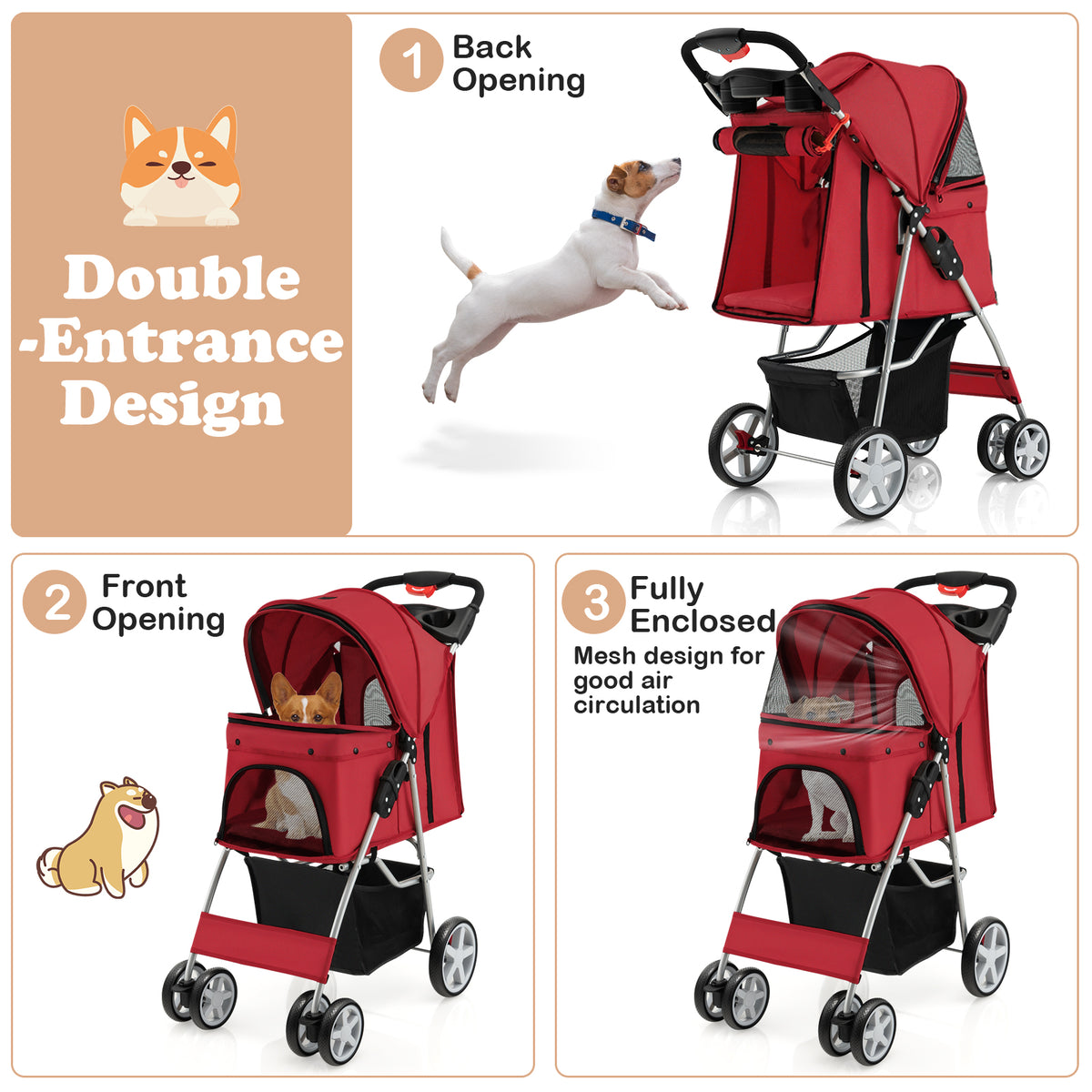 Red four-wheel pet stroller shown with double entrance and fully enclosed options
