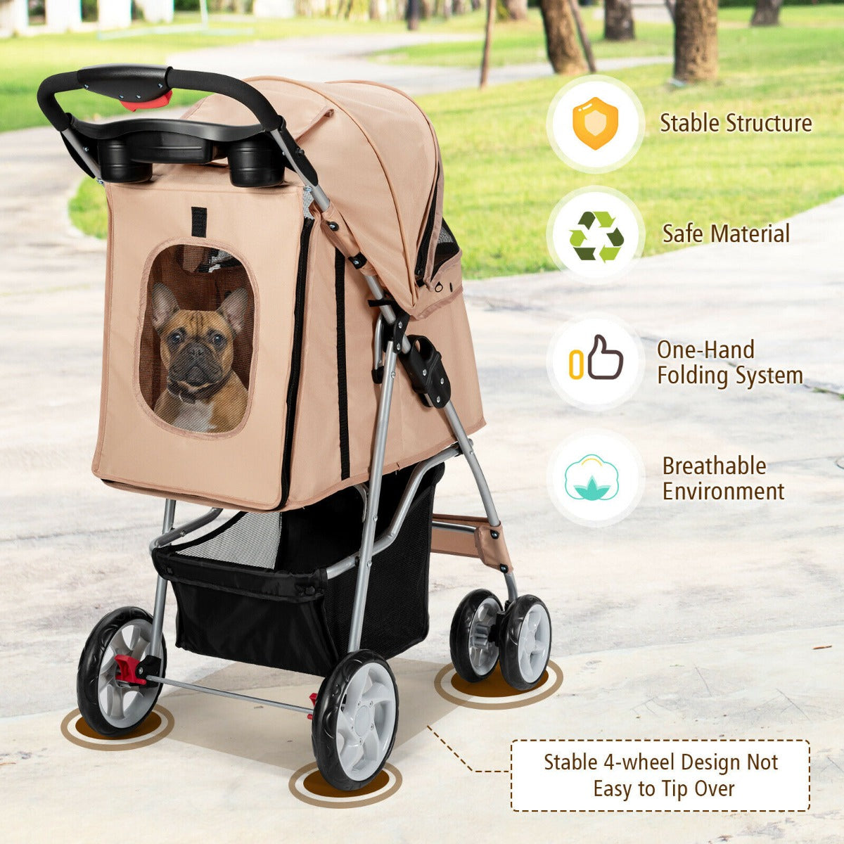 Beige pet stroller with icons highlighting features