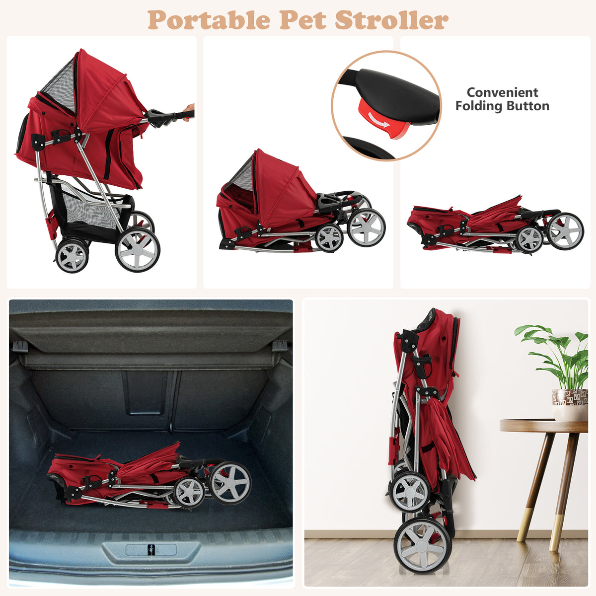 Red four-wheel pet stroller folded and placed in a car boot and standing