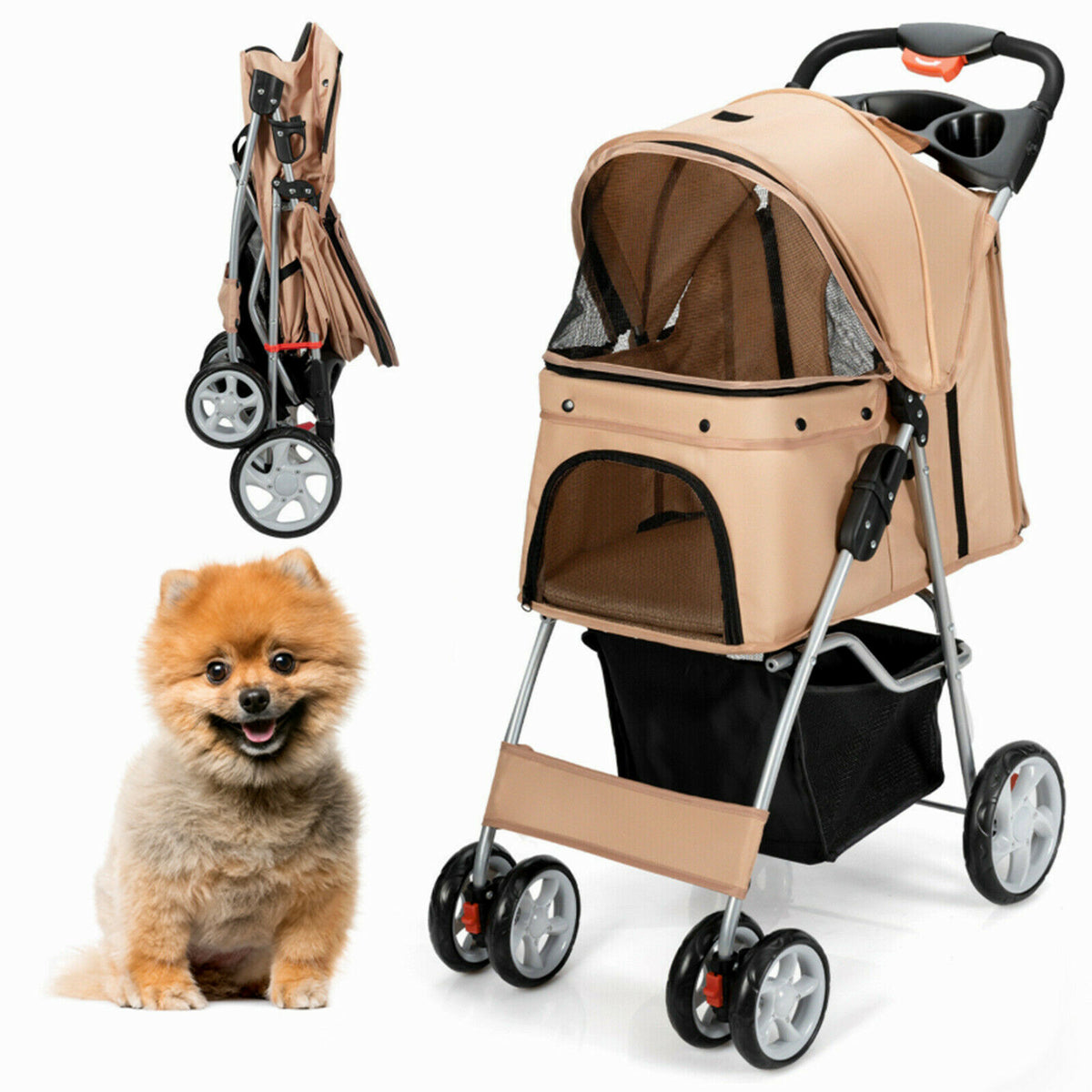 4-Wheel Folding Pet Stroller with a small dog sitting next to it