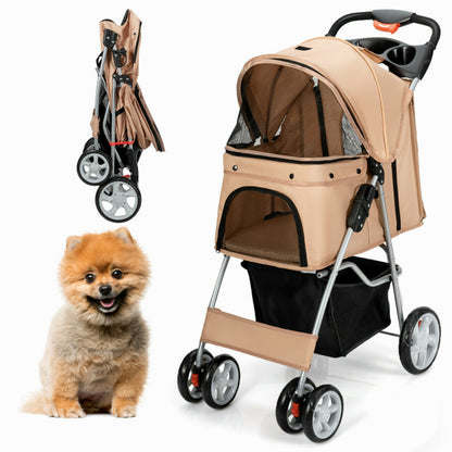4-Wheel Folding Pet Stroller with a small dog sitting next to it