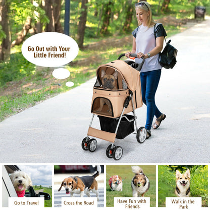 Collage of a woman walking a dog in the stroller and four small different scenarios