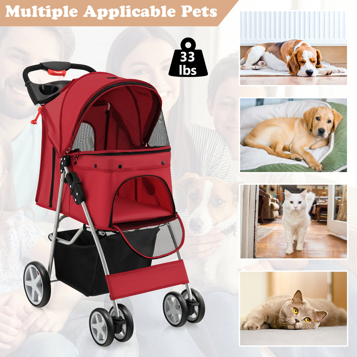 Red four-wheel pet stroller with various pets shown in inset pictures