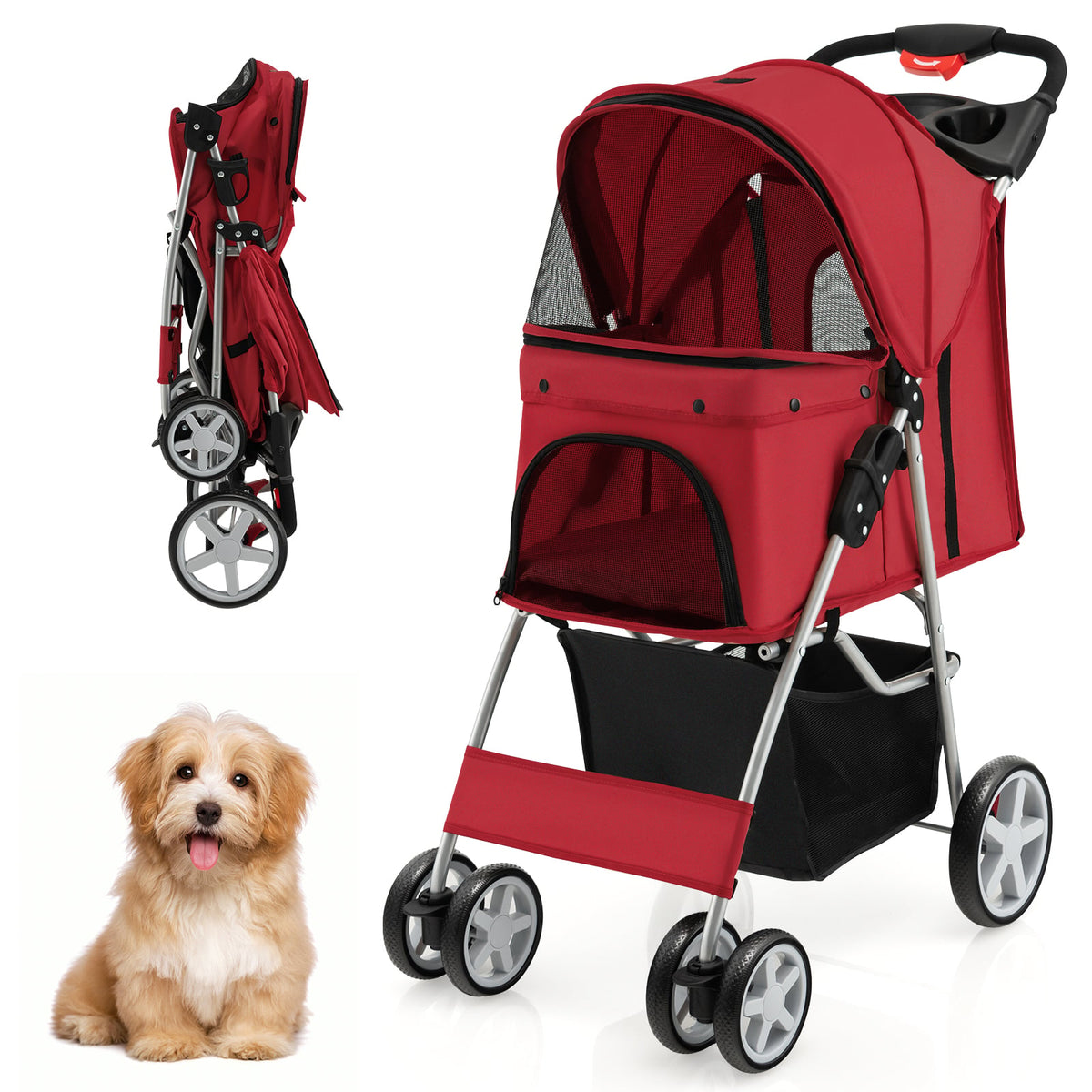 4-Wheel Folding Pet Stroller in red, shown with a small fluffy dog next to it