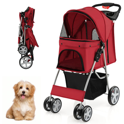 4-Wheel Folding Pet Stroller in red, shown with a small fluffy dog next to it