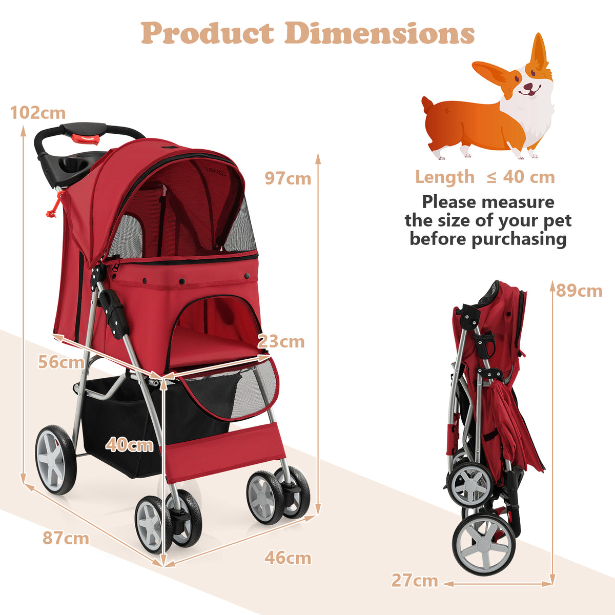 Dimensions diagram of the red four-wheel pet stroller with measurements shown