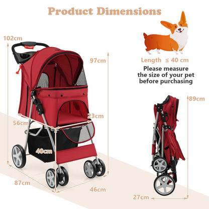 Dimensions diagram of the red four-wheel pet stroller with measurements shown