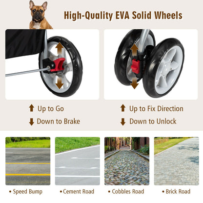 Close-up of the pet stroller wheels and different road surfaces