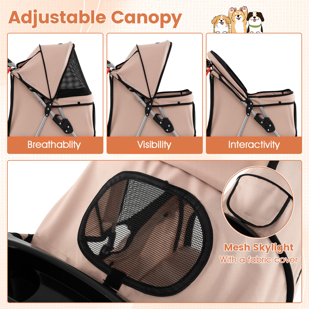 Close-up views of the adjustable canopy and mesh fabric on the dog stroller