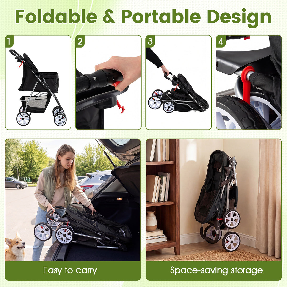The dog stroller showing the folding mechanism and how it fits into a car boot and storage