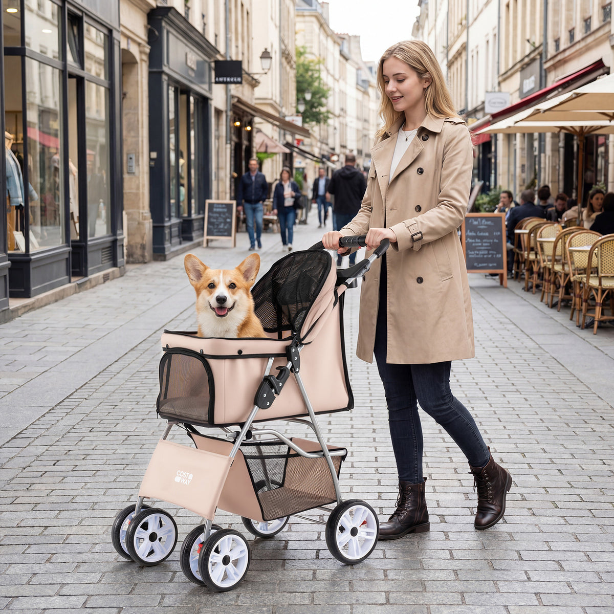 A woman pushing the beige dog stroller with a corgi in a city street
