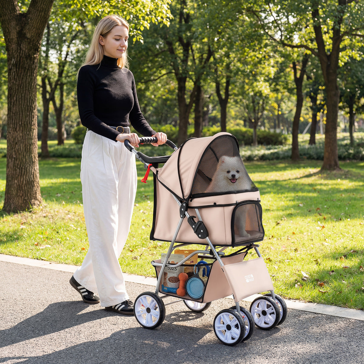 A woman pushing the beige dog stroller with a small dog in a park setting