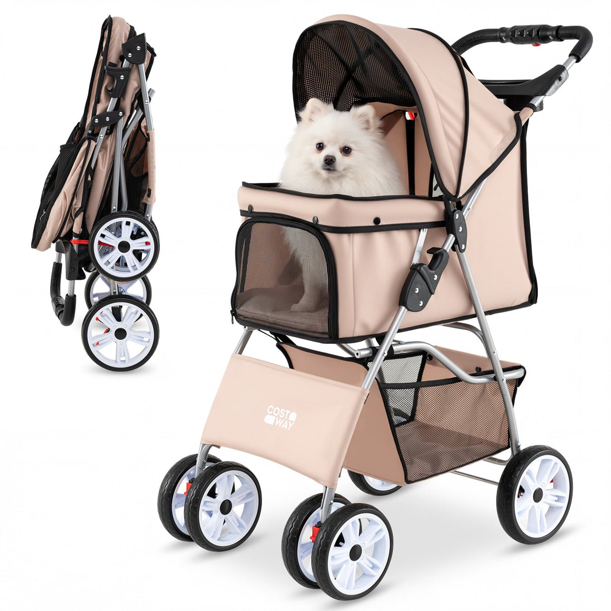 4-Wheel Pet Foldable Stroller in beige with a small dog inside, folded and unfolded views
