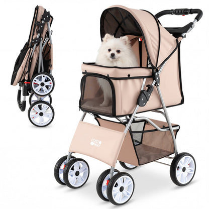 4-Wheel Pet Foldable Stroller in beige with a small dog inside, folded and unfolded views