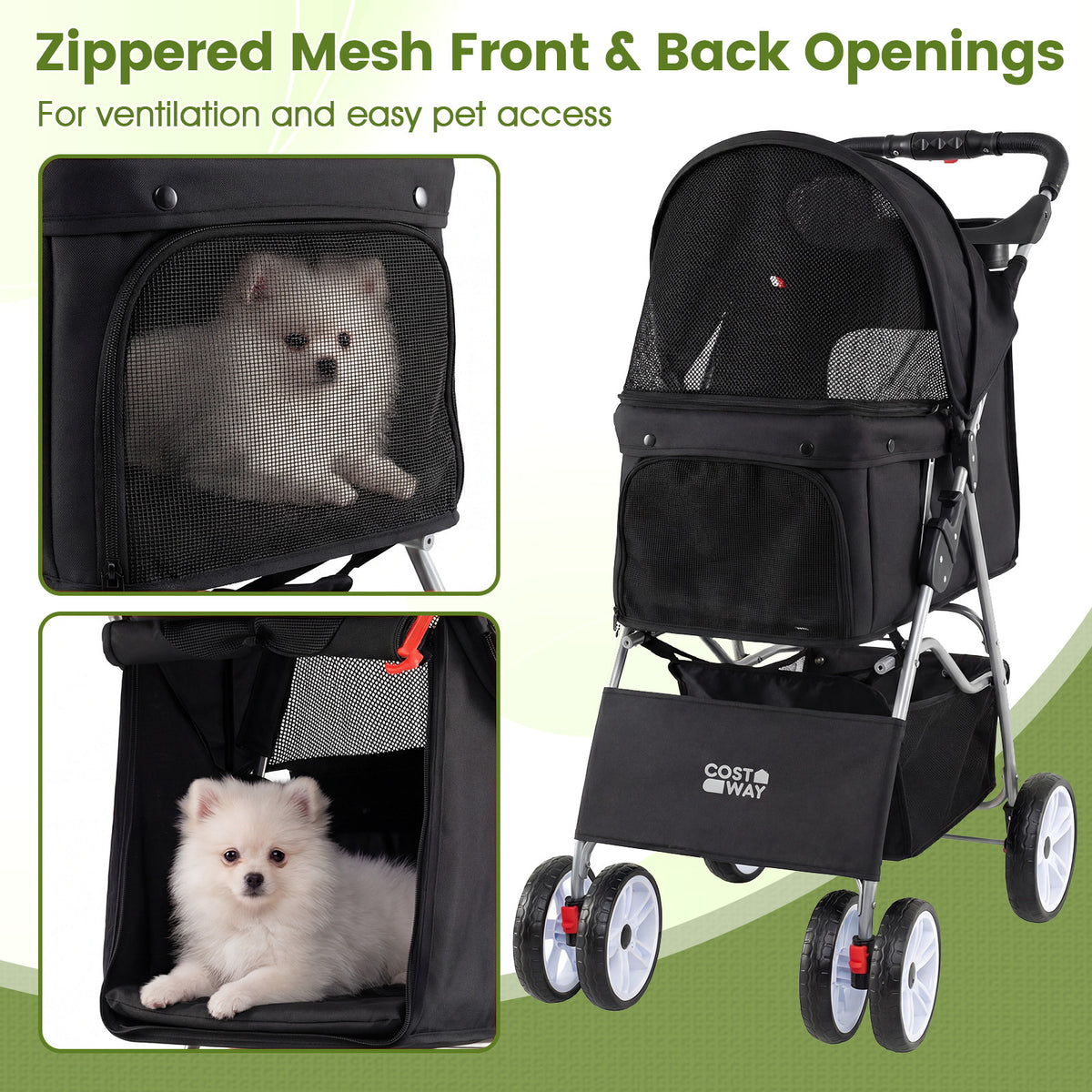 The dog stroller showing close-ups of the mesh openings with a small dog inside for ventilation