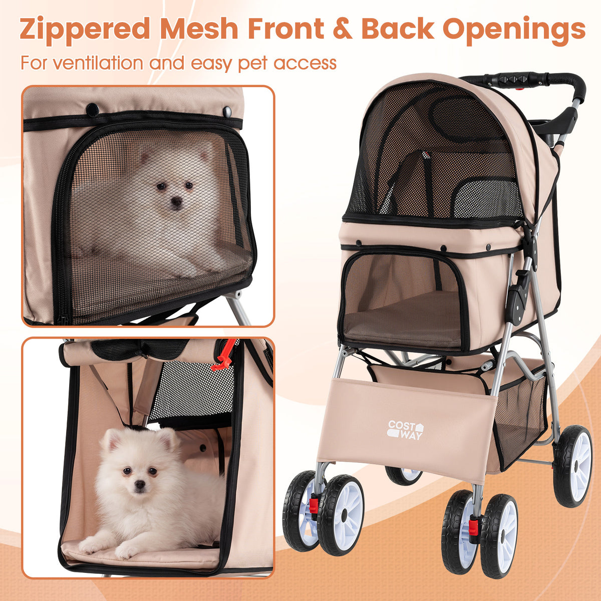 Close-up of the beige dog stroller showing mesh front and back openings with a dog inside