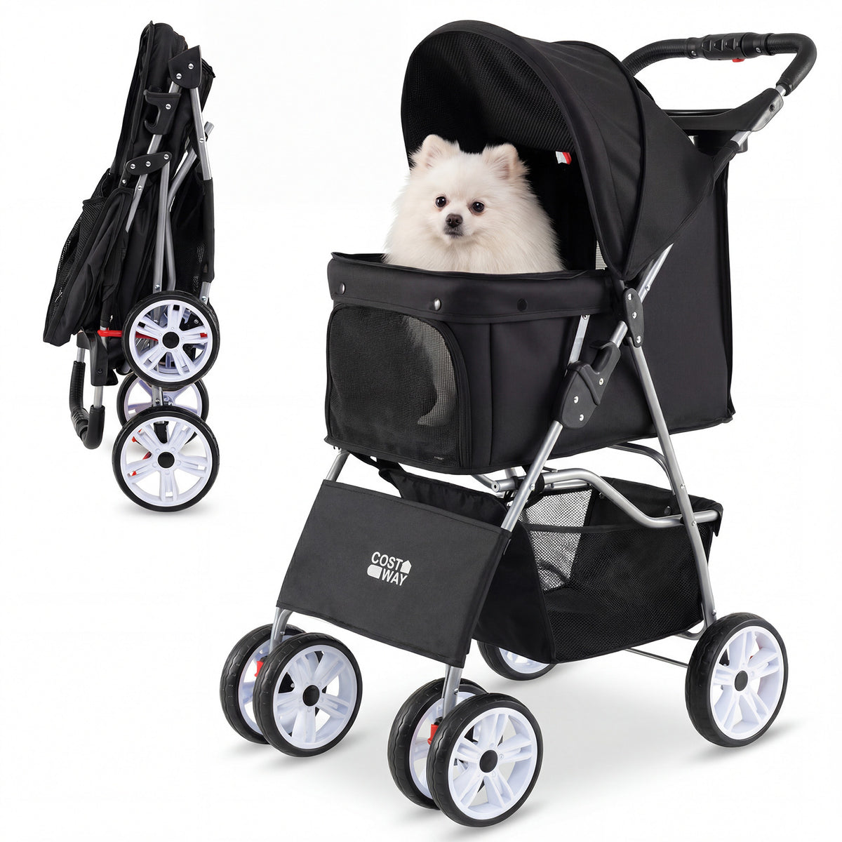 4-Wheel Pet Foldable Stroller shown in both upright and folded positions with a small white dog