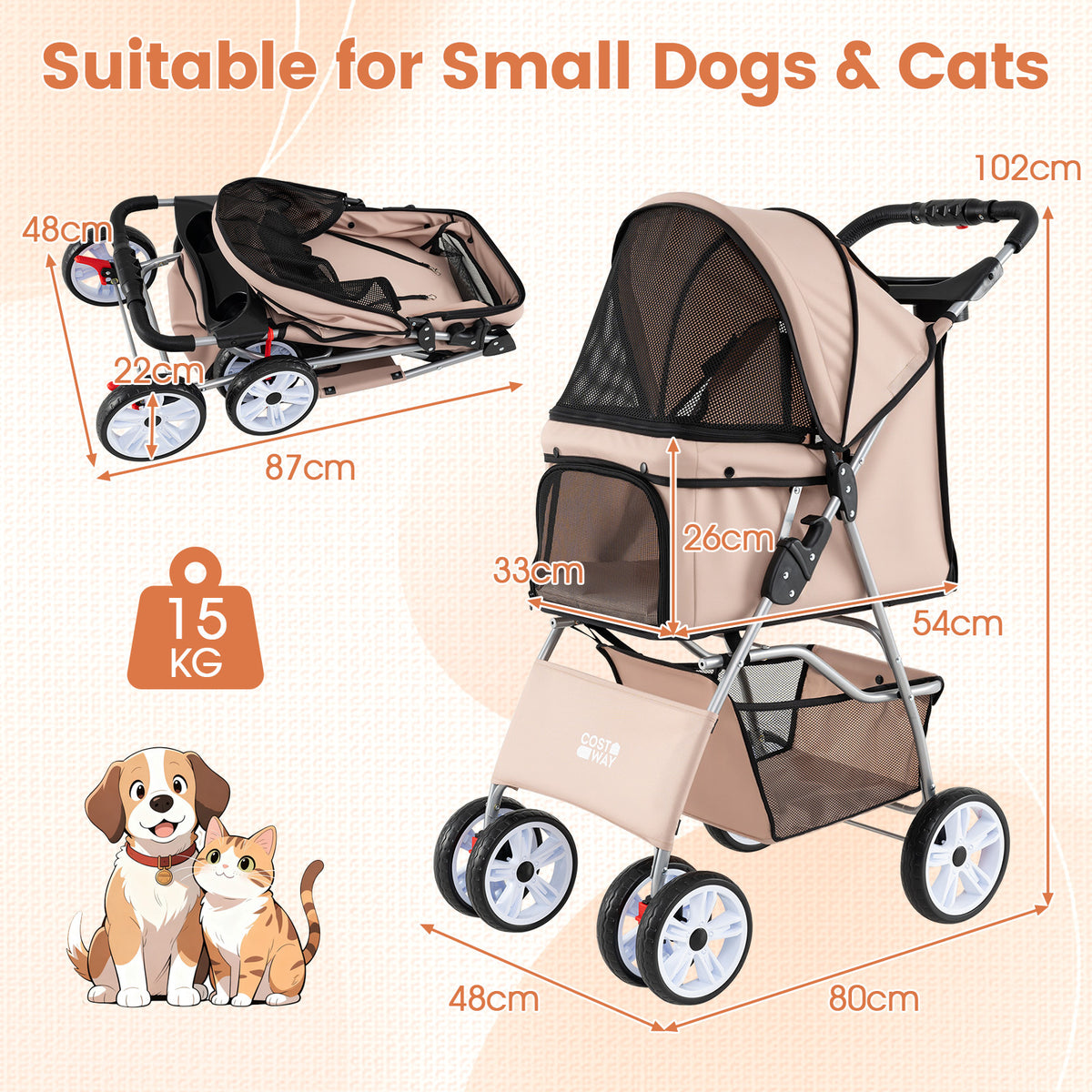Beige dog stroller with dimensions and weight capacity shown