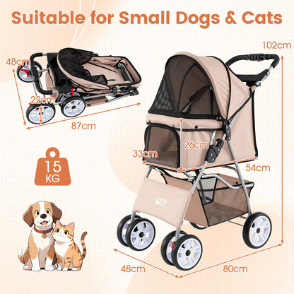 Beige dog stroller with dimensions and weight capacity shown