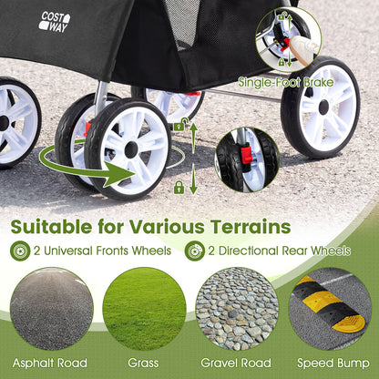 The dog stroller wheels and brake mechanism with examples of different ground surfaces