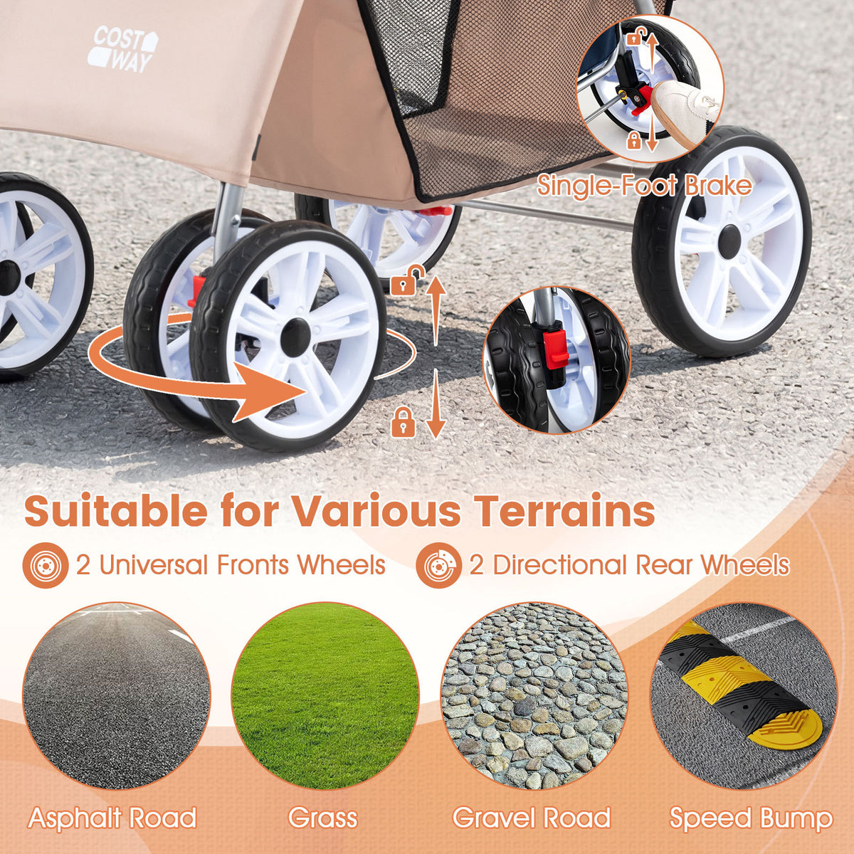 Close-up of the beige dog stroller wheels and brake, suitable for various terrains