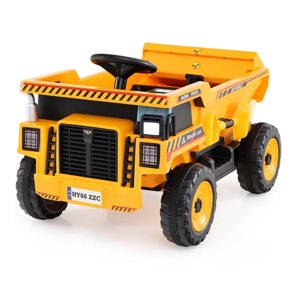 4-Wheeler Construction Electric Vehicle, a yellow and black ride-on toy truck with a dump bed and steering wheel