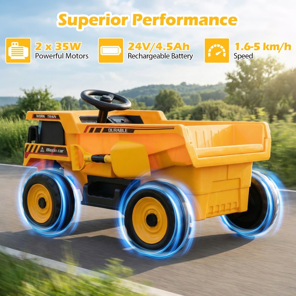 A yellow and black kids electric construction vehicle shown with motion blur effects