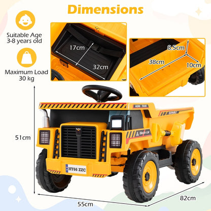 Dimensions diagram showing the size of the yellow and black ride-on construction vehicle
