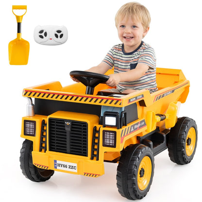 The kids electric car with a shovel and remote control accessory shown next to it