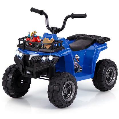 The navy kids electric quad with tread tyres and a front storage rack on a white background
