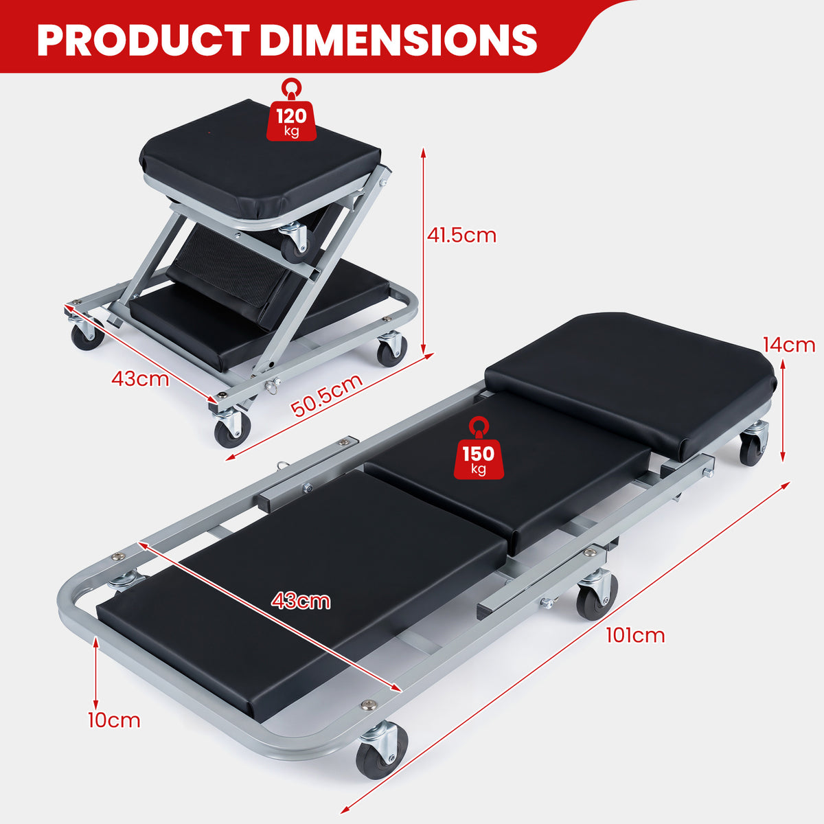 40" 2-in-1 Mechanic Creeper & Z-Seat with 6 Swivel Casters-Black and Gray