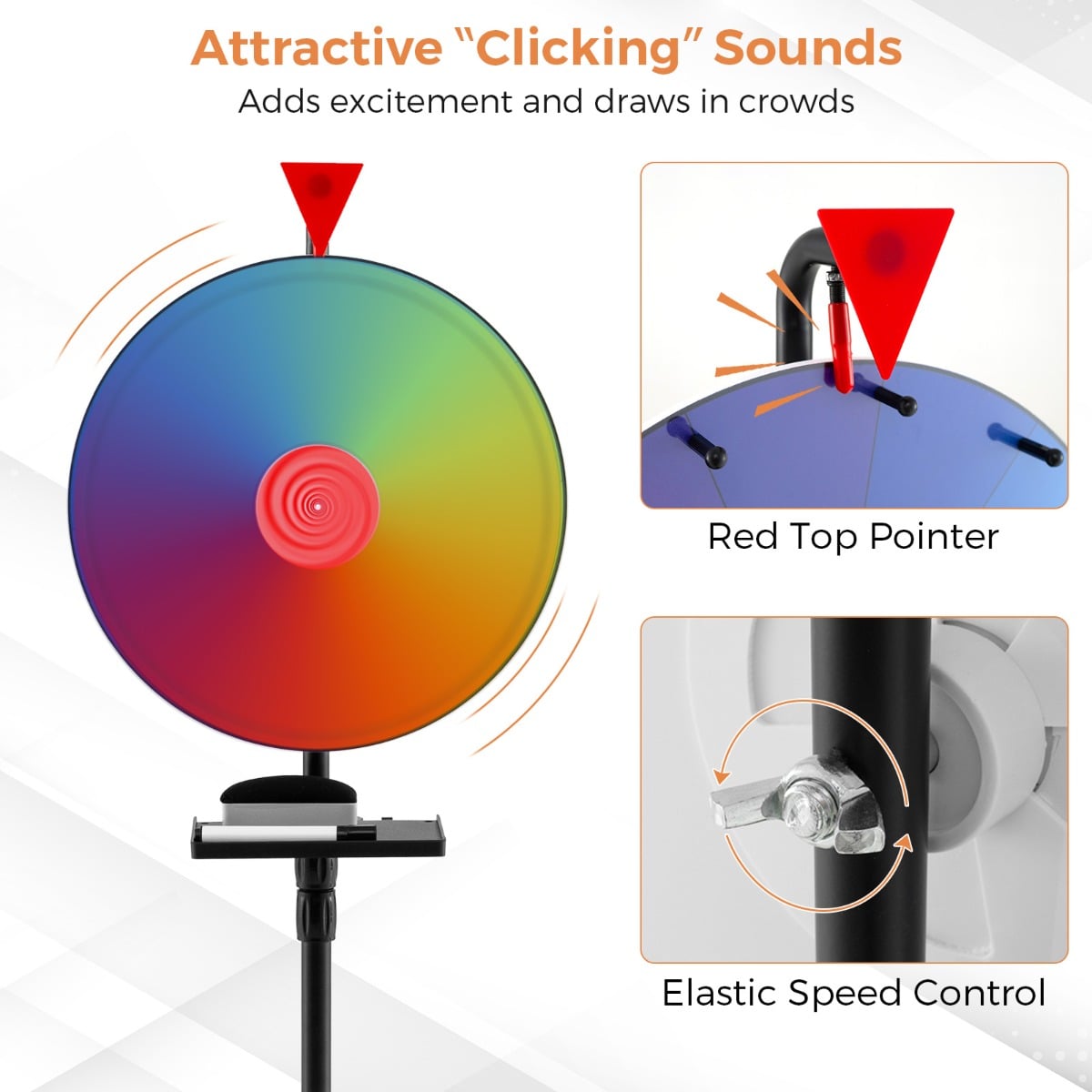 The prize wheel showing close-up details of the red pointer and the speed control knob