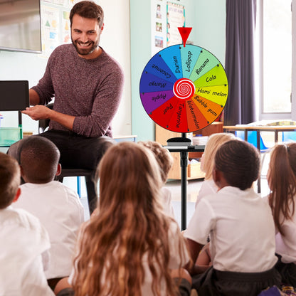 The prize wheel being used by a teacher in a classroom setting with children watching