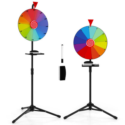 40 cm Prize Wheel with Folding Tripod Floor Stand shown at two different heights with accessories