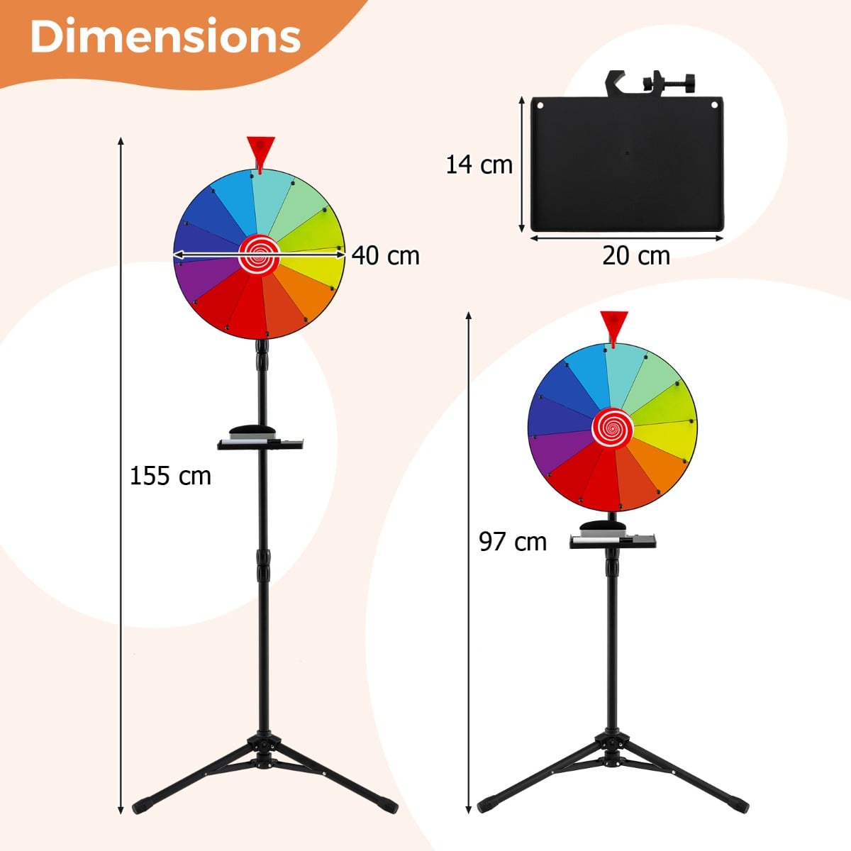 The prize wheel showing height and width measurements on a plain background