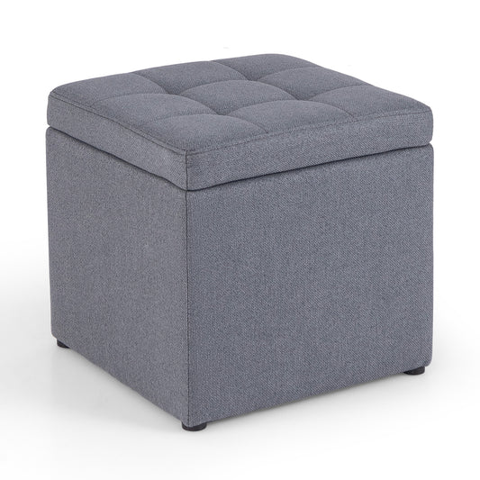 40 cm Square Storage Ottoman Linen Fabric Footstool with Lid-Grey, a grey fabric storage ottoman with a tufted lid