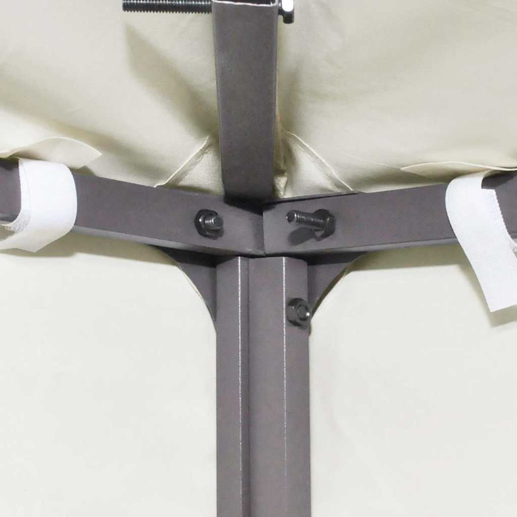 Close-up of the metal frame joints on the cream white gazebo canopy replacement roof