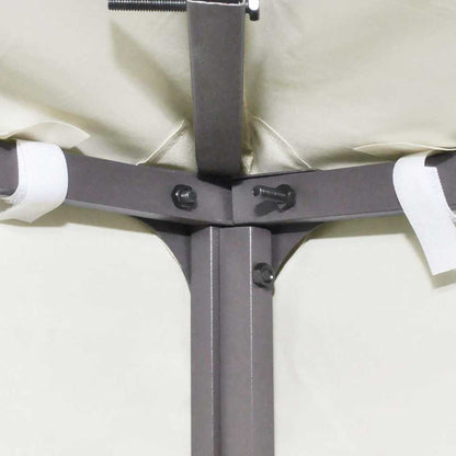 Close-up of the metal frame joints on the cream white gazebo canopy replacement roof
