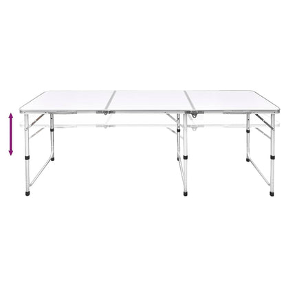 The camping table with an arrow indicating the adjustable height feature