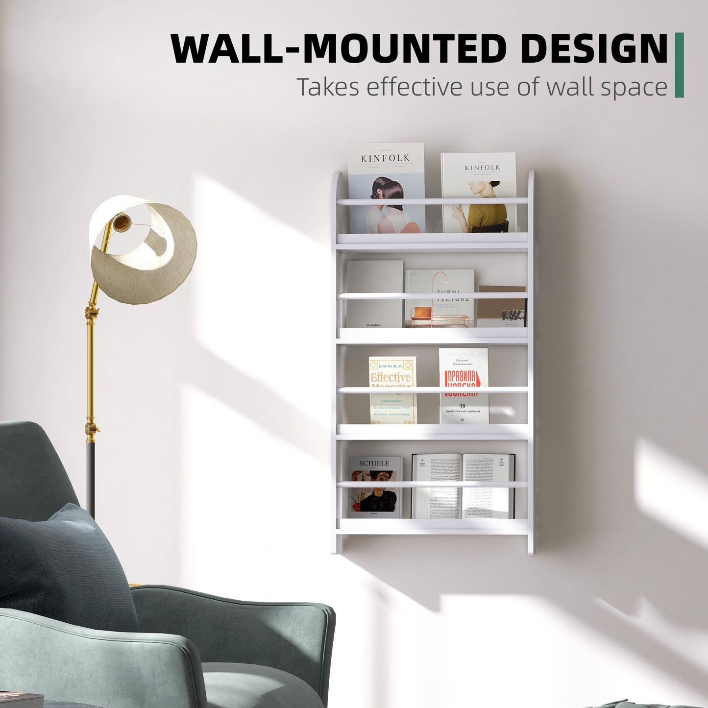 HOMCOM Bookcase, 4 Tier Wall Mounted Bookshelf, 15cm Depth Storage Shelving Rack for Bedroom Nursery Office Home, Accessories Supplies, White