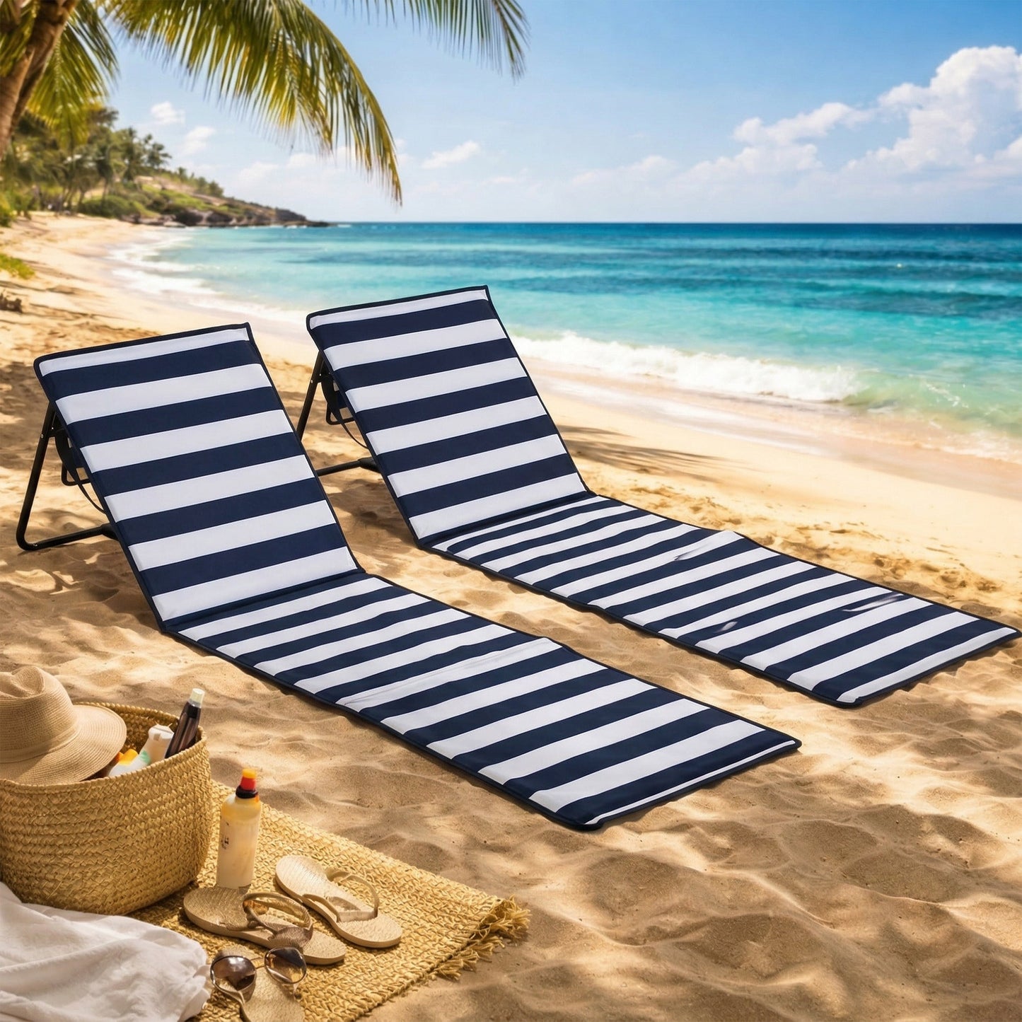 Outsunny Set of 2 Foldable Garden Beach Chair Mat, Outdoor Sun Lounger Seats with Adjustable Back, Magazine Pocket, Carry Strap