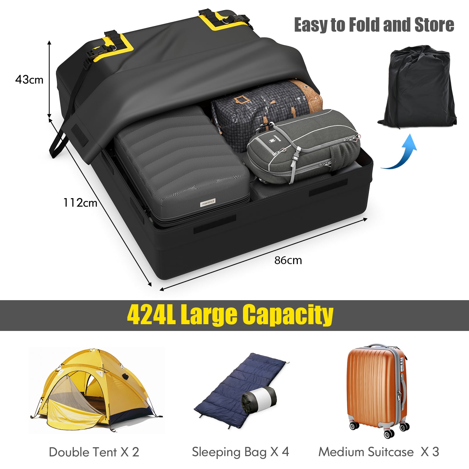 424L Car Roof Bag with Drawstring Storage Bag for Various Cars-Black