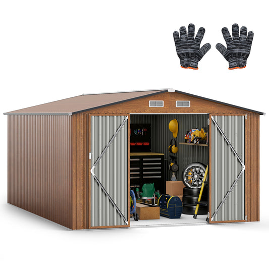 Outdoor Storage Shed Large Garden Tool House-Wood with double doors and a pitched roof, showing contents inside