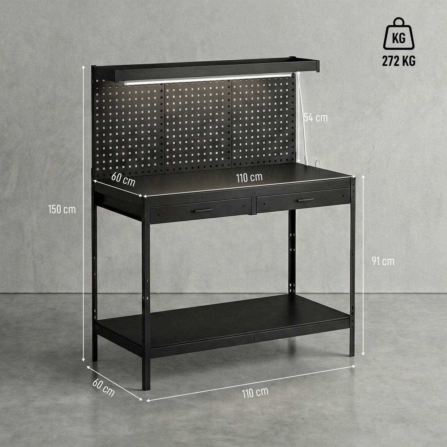 HOMCOM 110 cm Workbench with Pegboard, Heavy Duty Work Table with Power Strip and LED Light, Black