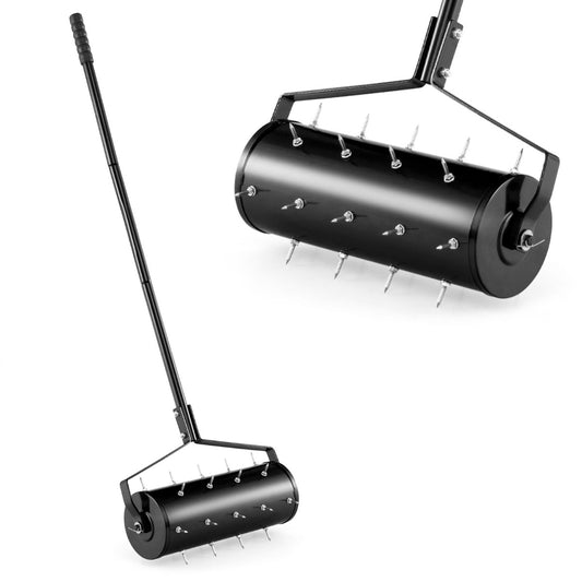 45 cm Manual Rolling Lawn Aerator Tool with a long handle and spiked drum