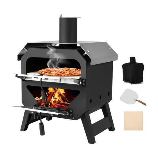 45 cm Outdoor Pizza Oven with a pizza stone, peel, and protective cover shown beside the unit
