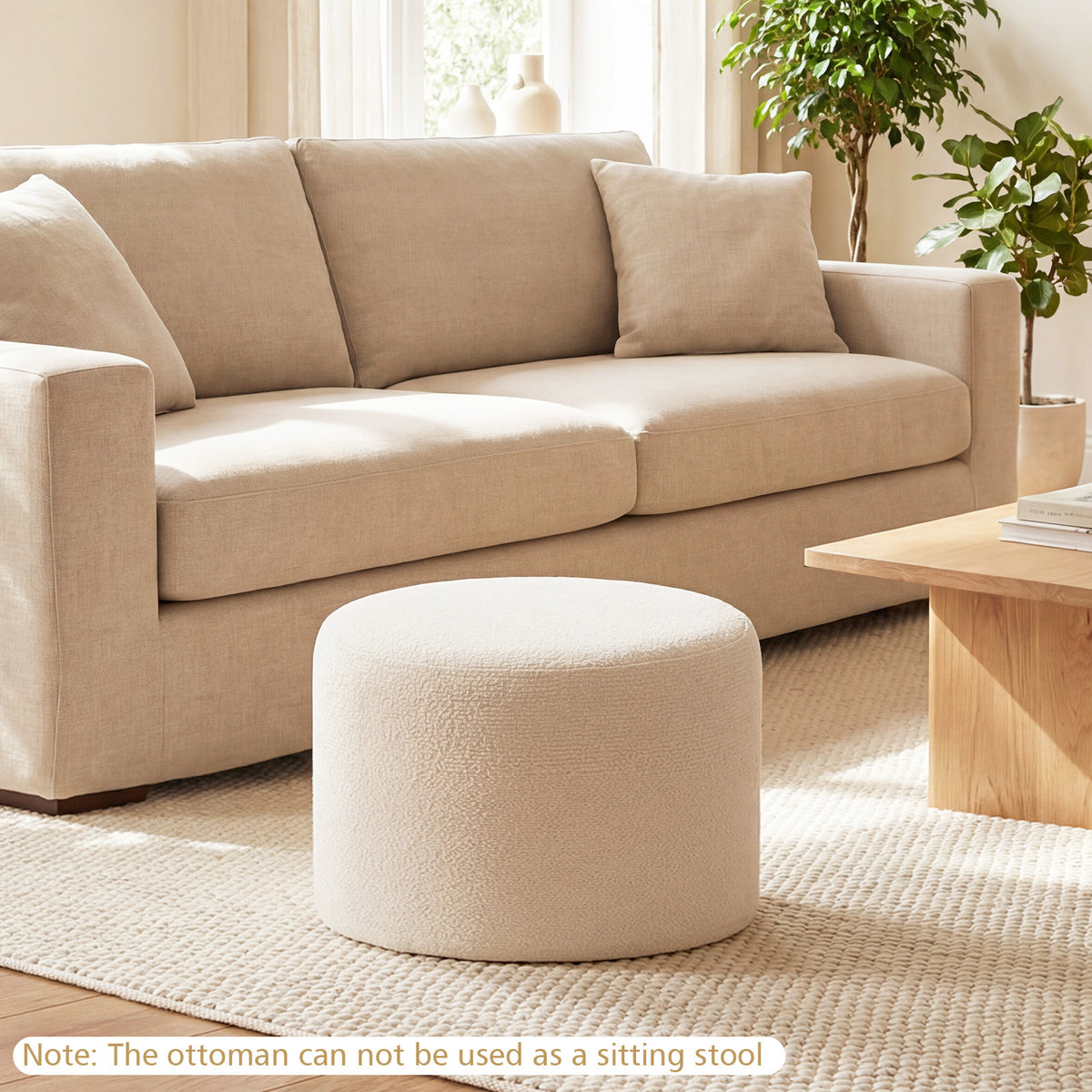45 cm x 35 cm Round Pouf Ottoman with Loop Yarn Fabric and Machine-washable Cover-White