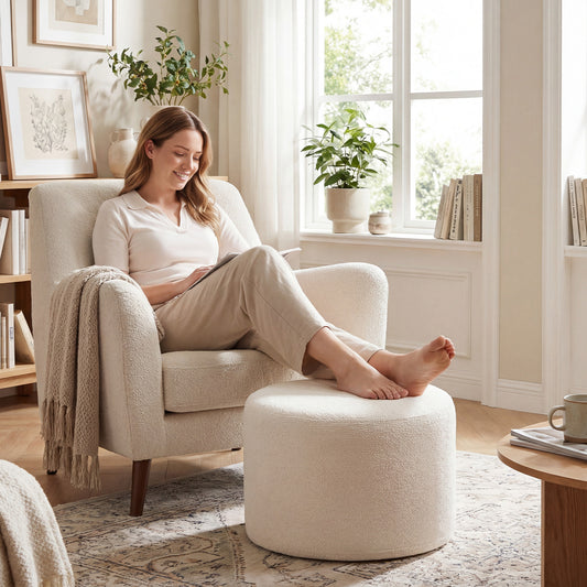 Woman relaxing with a book on a chair next to the white pouf ottoman in a living room