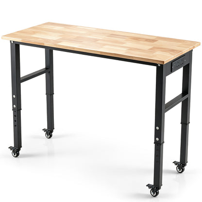46 Inch Adjustable Workbench with wheels and power outlet oak top for garage