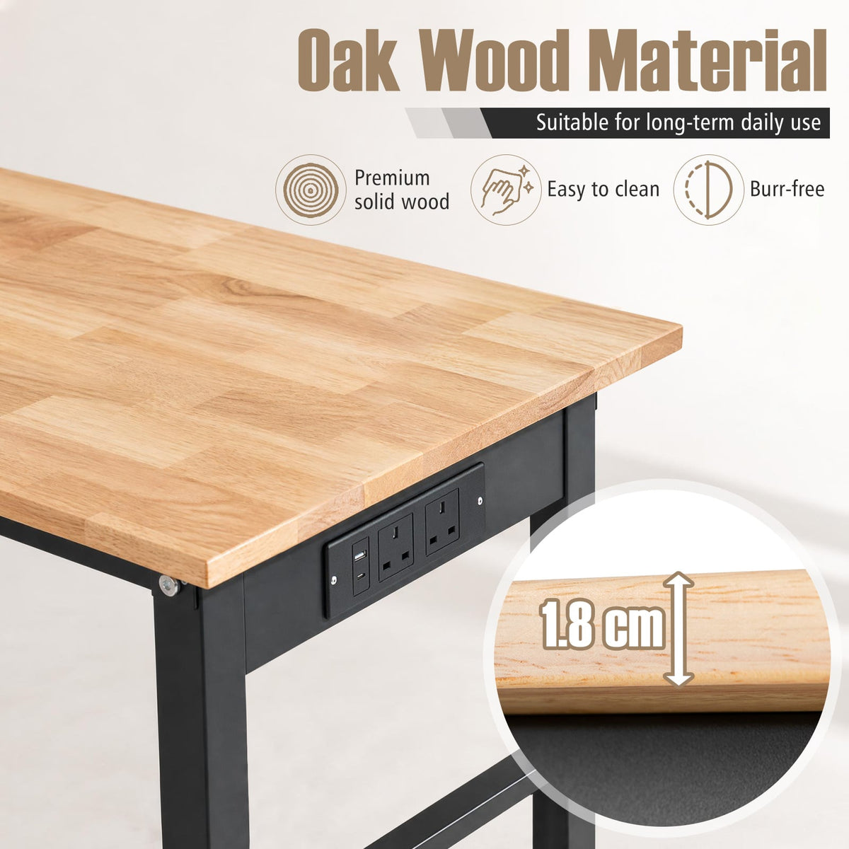 Close up of the oak wood top and power outlet on the workbench